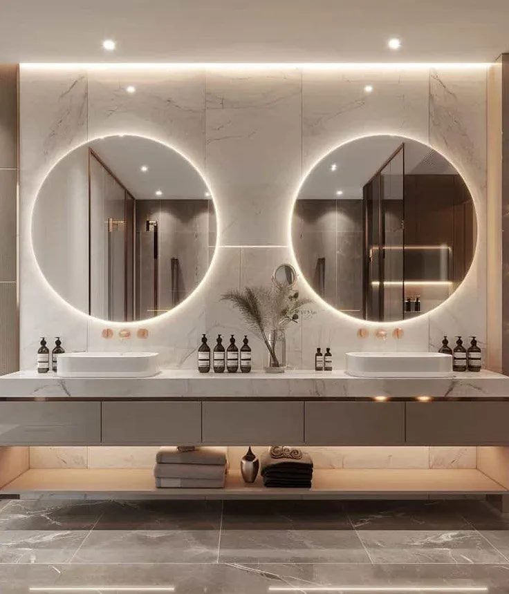 A stone double vanity under two backlit round mirrors, with a lit open shelf running beneath it