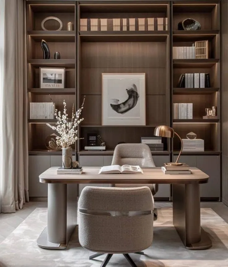 A study built in around a desk, with lit shelving carried to the ceiling on both sides